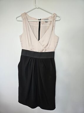 H&M Colorblock Cocktail Dress Size 6 Pink Beige and Black Satin V-Neck Pleated